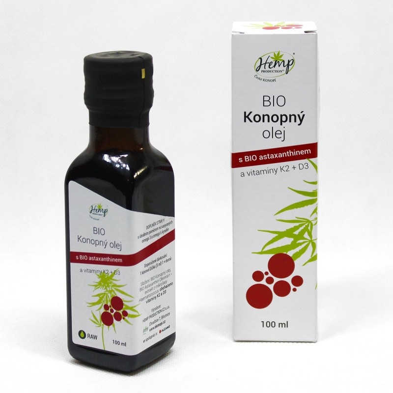 BIO Konopný olej s BIO Algamo Astaxanthinem a vitamíny K2 a D3